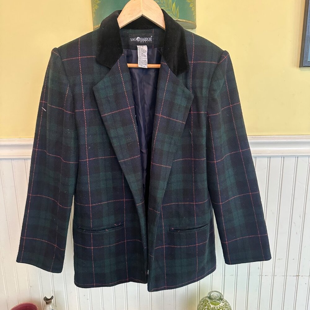 Sag Harbor Petite Green Plaid Blazer Jacket Size 10 Wool Blend Velvet Collar